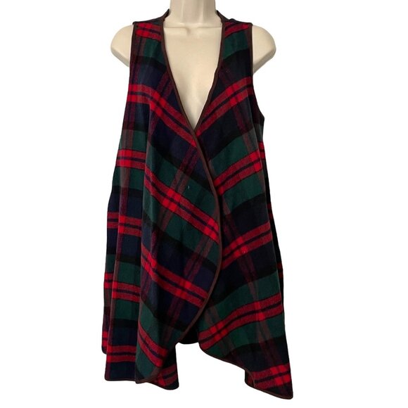 Davi & Dani Plaid Wrap Cardigan Womens Red Green Blue Open Front Sleeveless Sz S - Picture 11 of 14